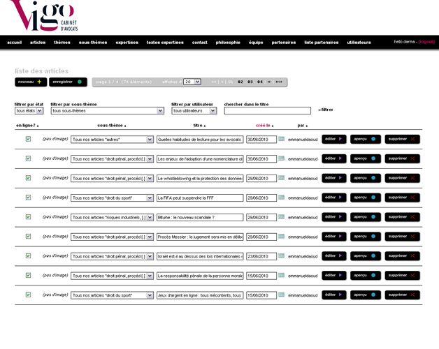 Back-office, liste des articles Back-office, liste des articles