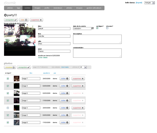 soirée en mode édition, avec inclusion de liste éditable d'images