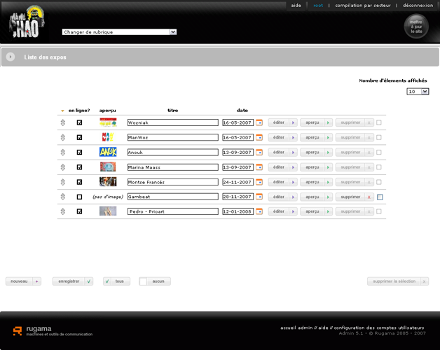 Back-office, liste des expos