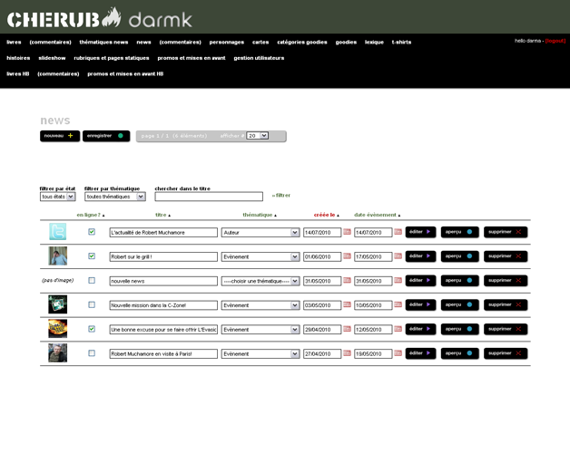 Back-office commun aux deux sites, liste des news