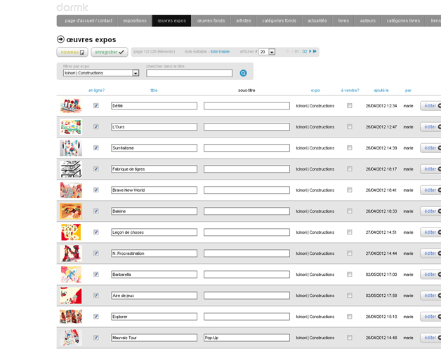 back-office, liste des oeuvres